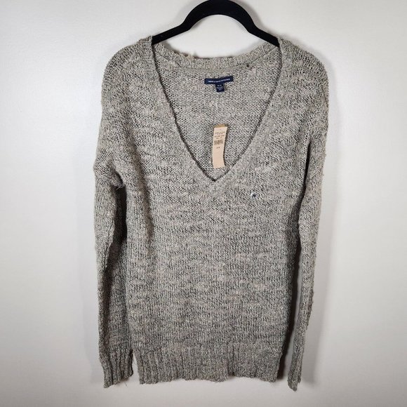 American Eagle Outfitters Sweaters - American Eagle Tunic Sweater Womens Beige Deep V Neck Knit Cottagecore Y2K New